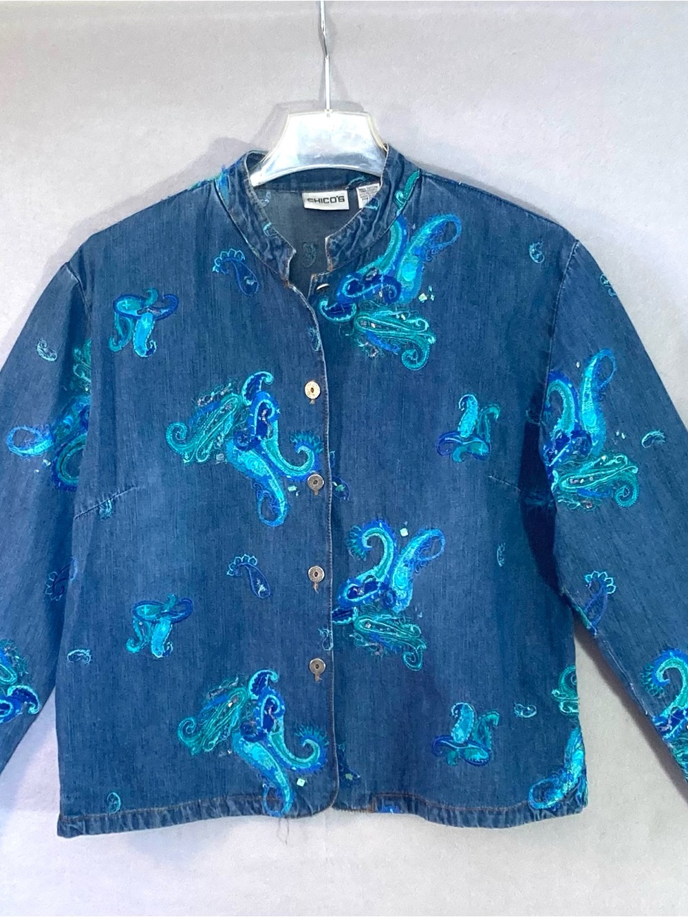 Chico's Women's Denim Jacket Embroidered Beaded Sequins Size M 8/10 Chicos Sz 1